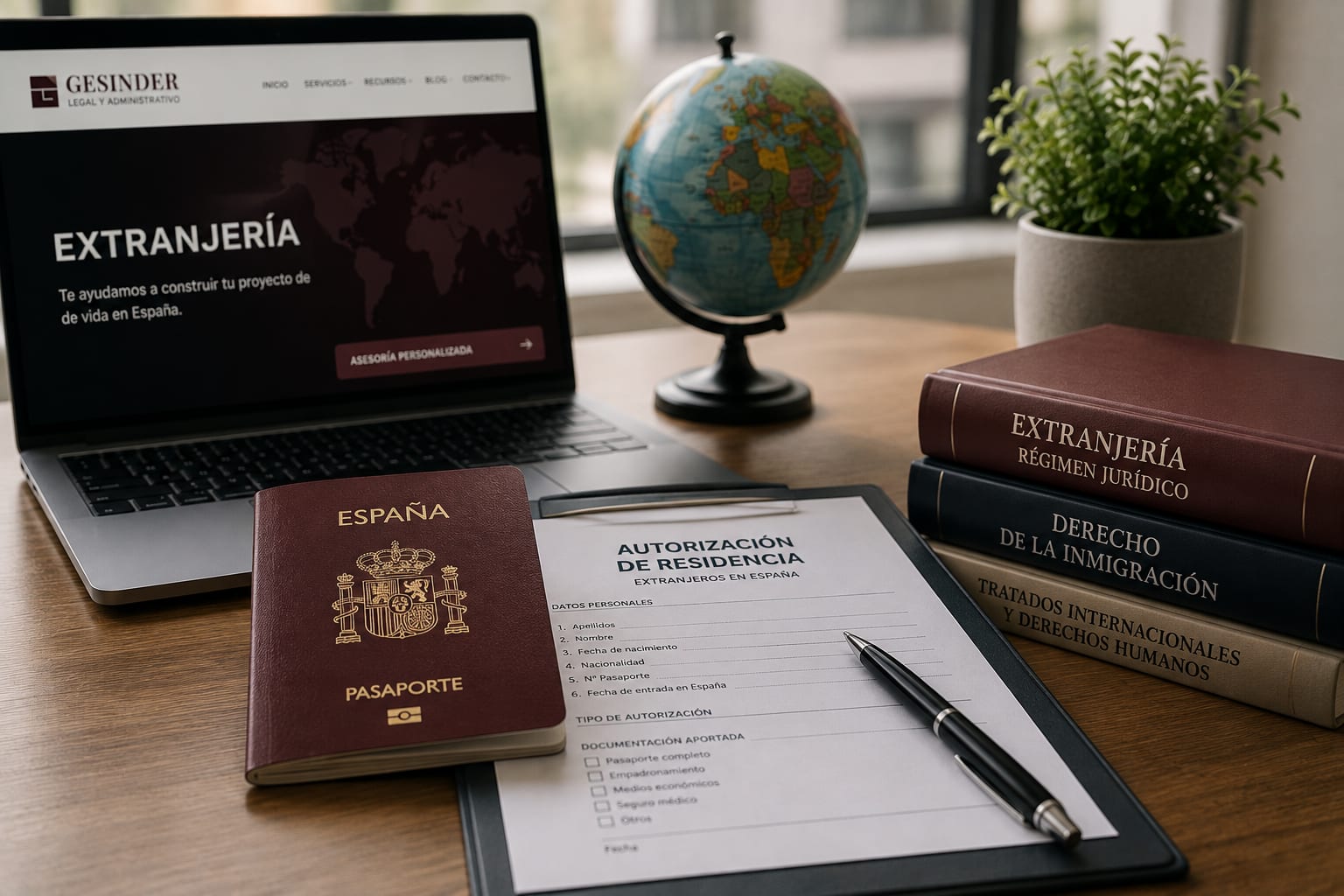 Pasaporte y material de estudio sobre un escritorio que representa la estancia por estudios como oportunidad para desarrollar un proyecto en España.